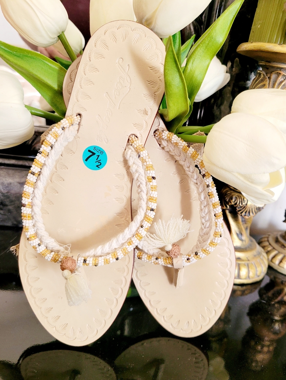 Free People Menorca Boho Braided Tassel Thong Sandals Cream Leather US 7-7.5 - Picture 5 of 16